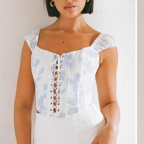 Sabo Skirt Tops - Sabo White Blue Watercolor Print Lace Up Corset Bustier Top Ruched Strap S